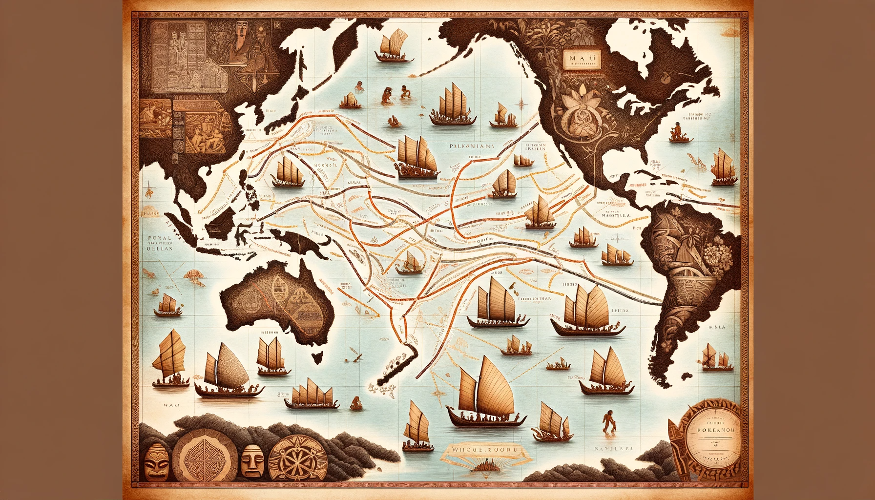 DALL·E 2024 01 27 09.54.26 Design a map of the Pacific Ocean with stylized routes illustrating Polynesian migrations. The map has an ancient feel resembling old parchment with