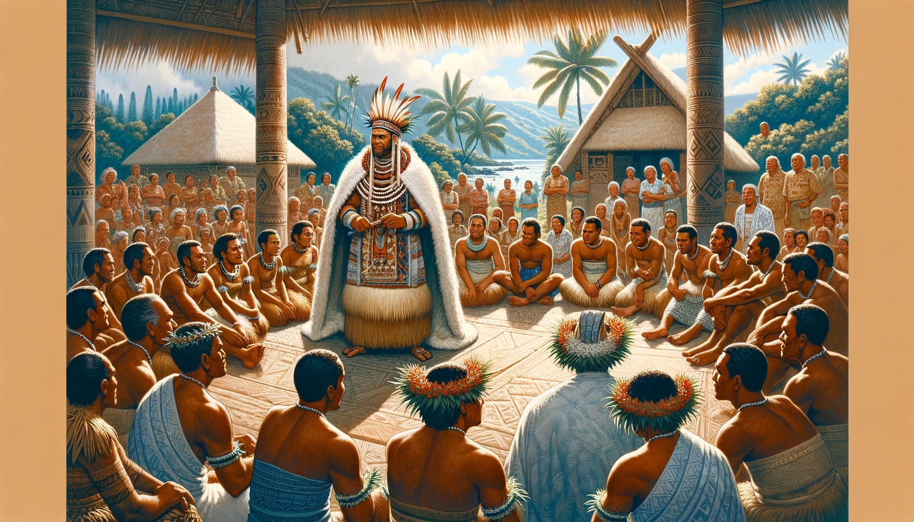 DALL·E 2024 01 27 09.56.27 Illustrate a traditional Polynesian social scene focusing on a chief or priest in a ceremonial setting. The chief or priest is central dressed in el