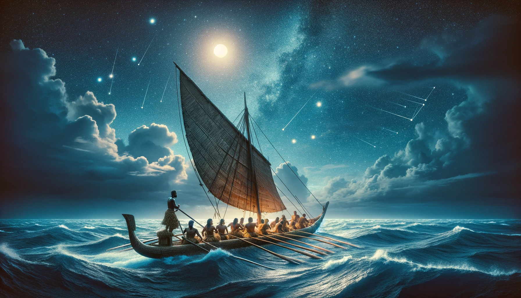 DALL·E 2024 01 27 09.56.57 Create an image depicting a traditional Polynesian double hulled canoe navigating the open sea under a starry night sky. The scene captures the vastne