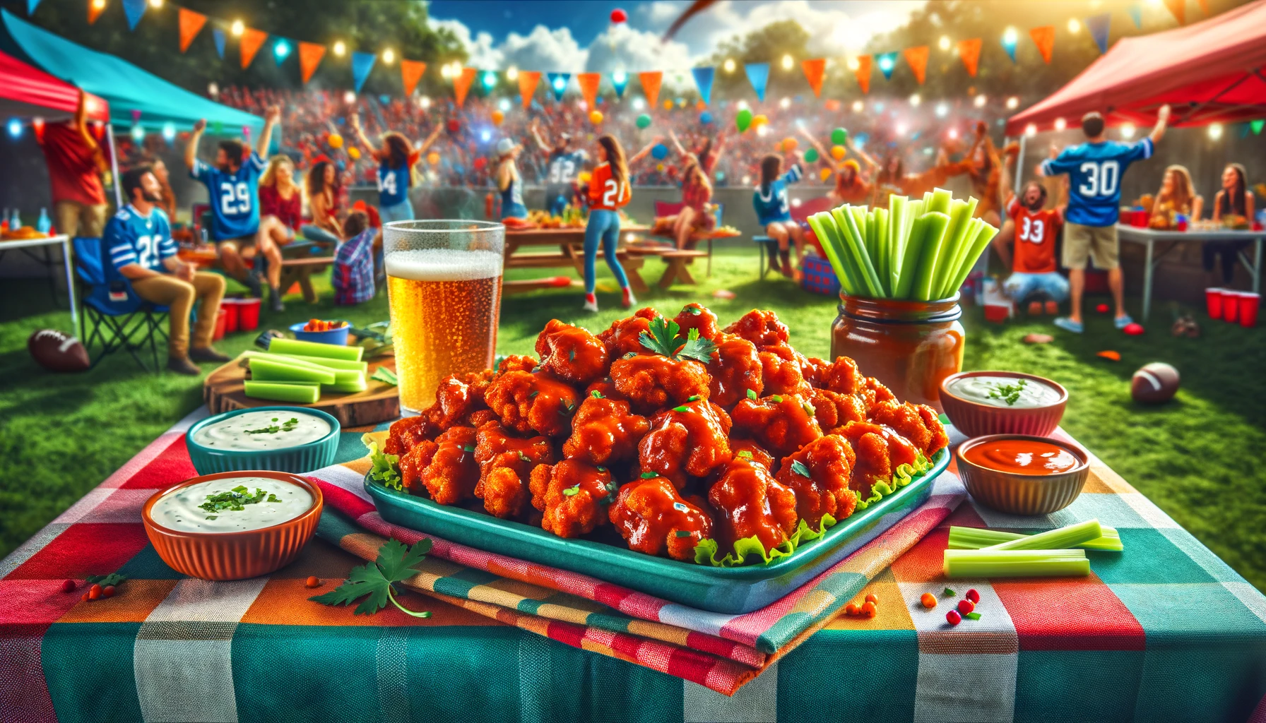 DALL·E 2024 02 05 16.18.39 A vibrant and colorful image of a tailgating setting featuring Spicy Buffalo Cauliflower Bites. The scene includes a picnic table covered with a brigh