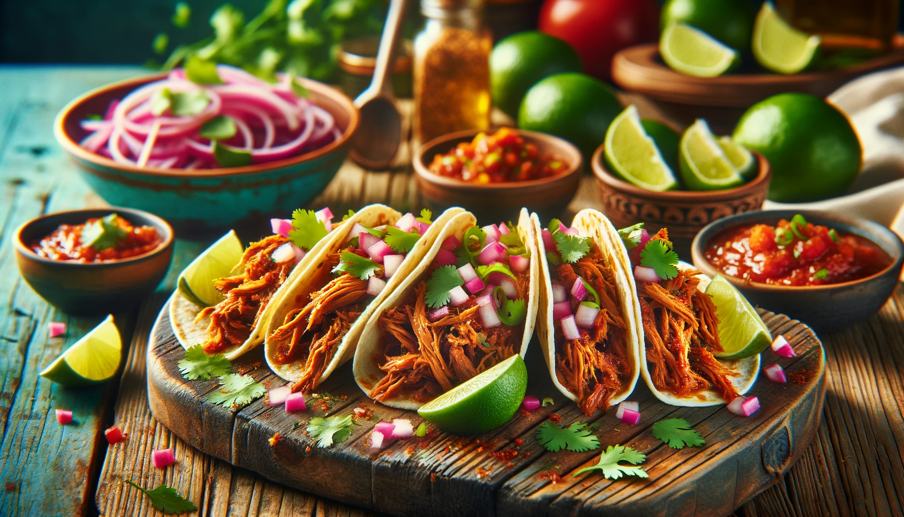 DALL·E 2024 02 05 16.31.25 A colorful and appetizing image of Spicy Pulled Pork Tacos. The scene includes a rustic wooden table with several tacos filled with juicy shredded s