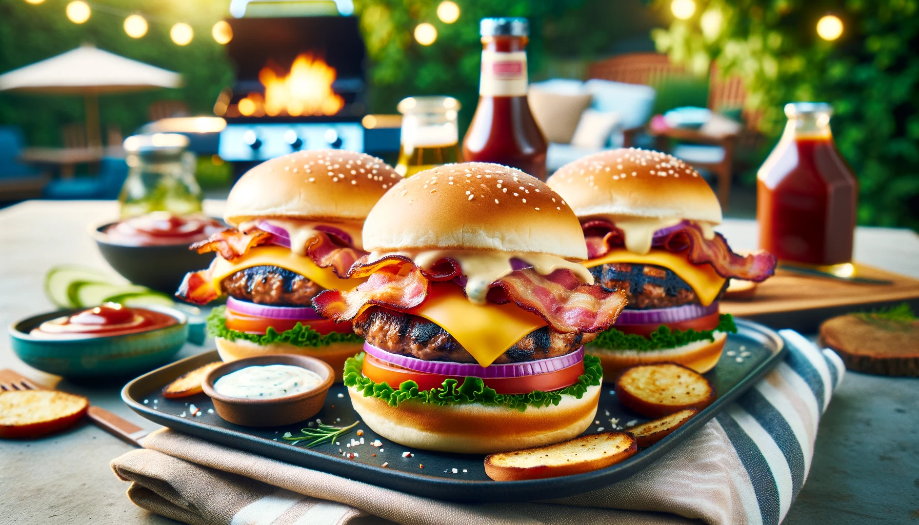 DALL·E 2024 02 05 16.34.06 An inviting image of BBQ Bacon Ranch Turkey Burgers set in a backyard barbecue scene. The focus is on a platter of juicy freshly grilled turkey burg