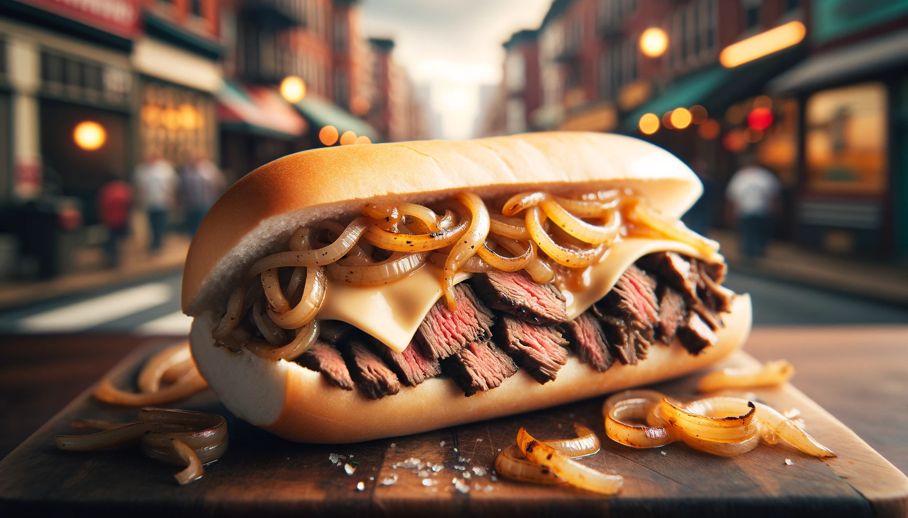 DALL·E 2024 02 05 16.36.23 A delicious image of a classic Philly Cheese Steak Sandwich. The focus is on a sandwich cut in half to showcase the filling thinly sliced ribeye stea