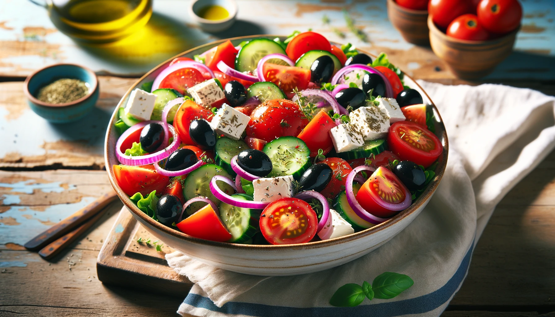 DALL·E 2024 02 05 16.39.58 A fresh and colorful image of a Vegetarian Greek Salad. The salad is presented in a large shallow bowl brimming with vibrant ingredients ripe red t