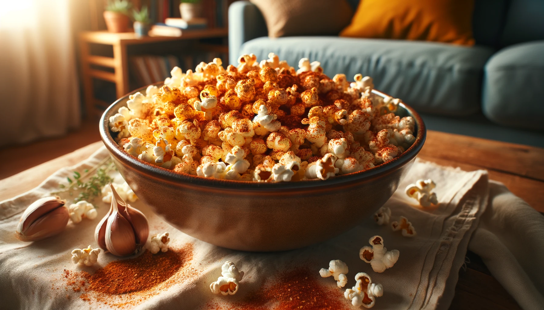 DALL·E 2024 02 05 16.47.42 A vibrant and enticing image of Vegan Spiced Popcorn in a casual setting. The popcorn is in a large bowl overflowing with fluffy freshly popped kern