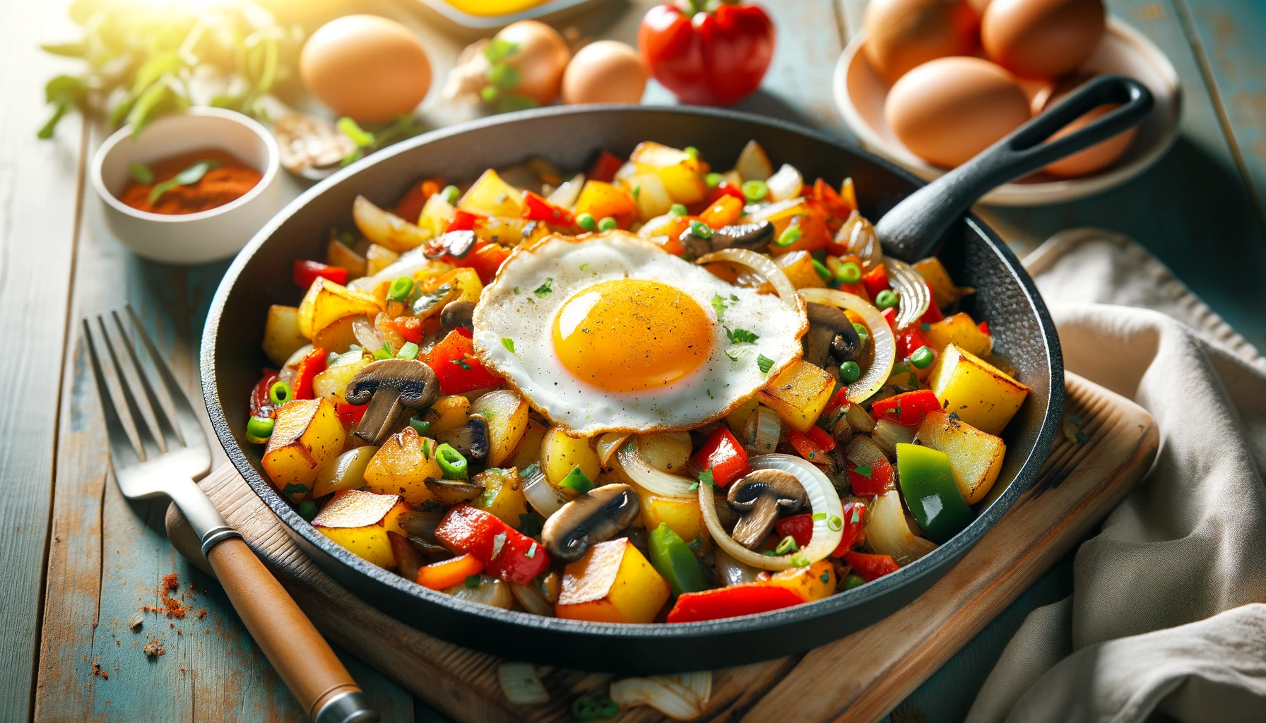 DALL·E 2024 02 05 16.50.01 A hearty and colorful image of Vegetarian Breakfast Hash. The dish is presented in a skillet showcasing a mix of sauteed potatoes onions red and gr