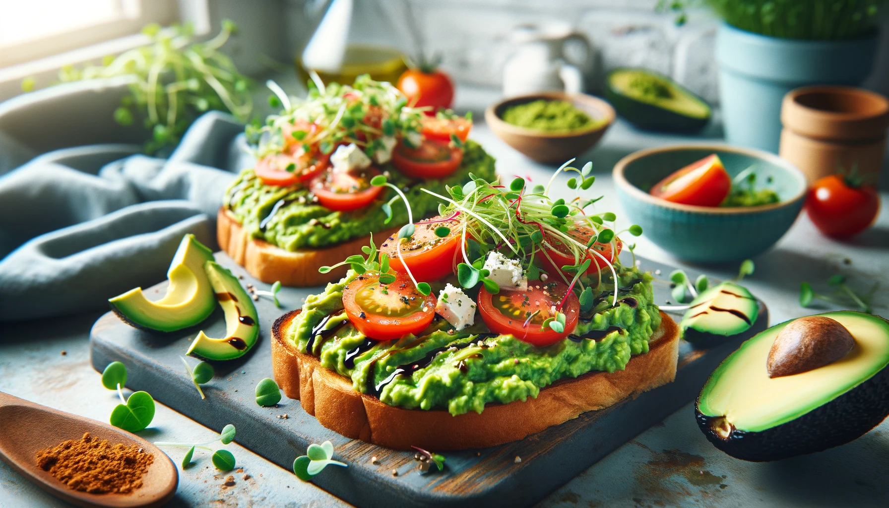 DALL·E 2024 02 05 16.52.21 A vibrant and appetizing image of Vegetarian Avocado Toast. The scene displays two slices of crispy golden brown toast generously spread with creamy